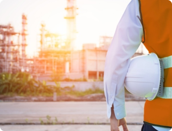 A man with a helmet under his arm looking at an industrial plant